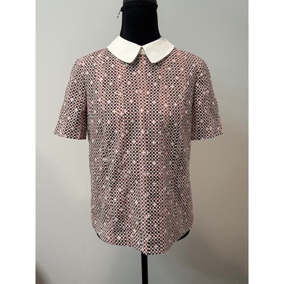 Tory Burch blouse in red, black,  white checkered pattern with  Peter Pan collar - Picture 1 of 3